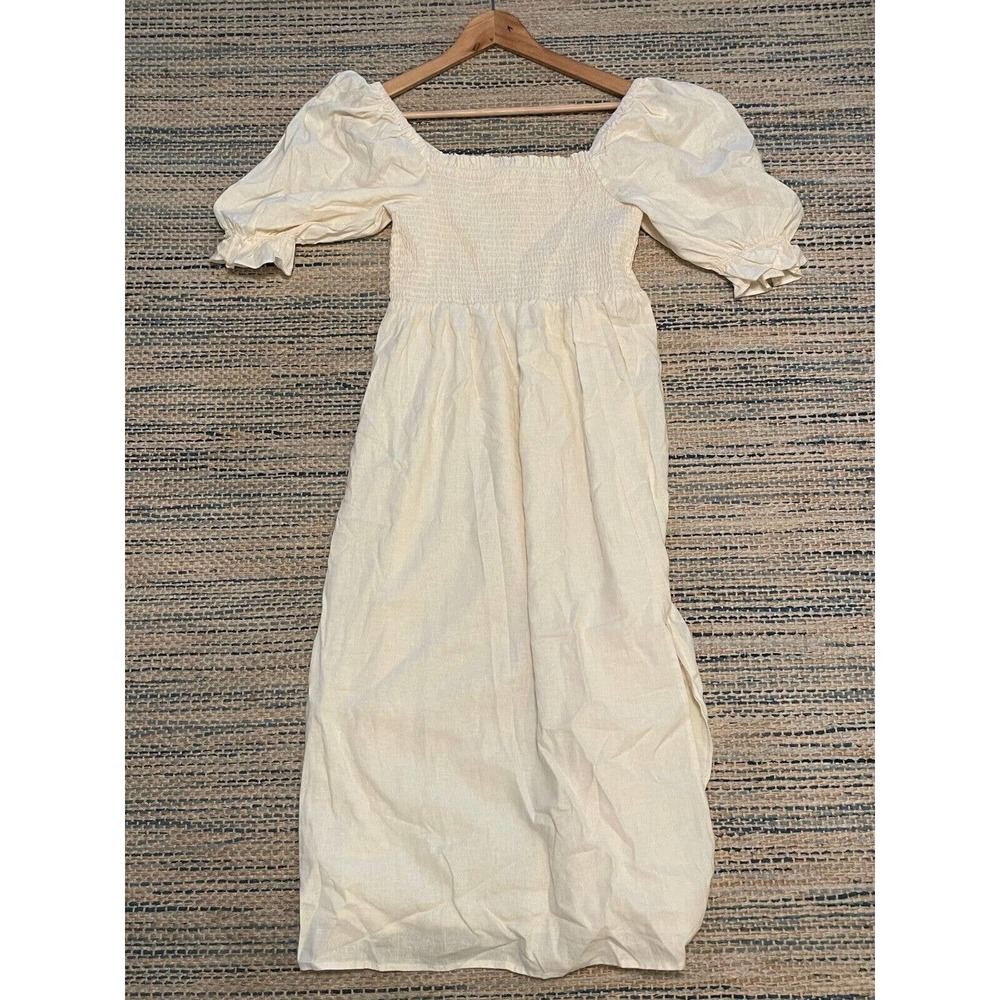 Gap Maxi Dress Women M White Smocked Puff Sleeve Linen Blend Prairie Coastal NWT